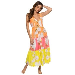 FARM Rio Orange, Pink, and Yellow Floral Midi Dress